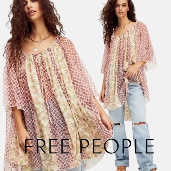 Free People Dresses & Skirts - Free People Boho Because I Love You Wide Sleeve Sheer Tunic Top Size L